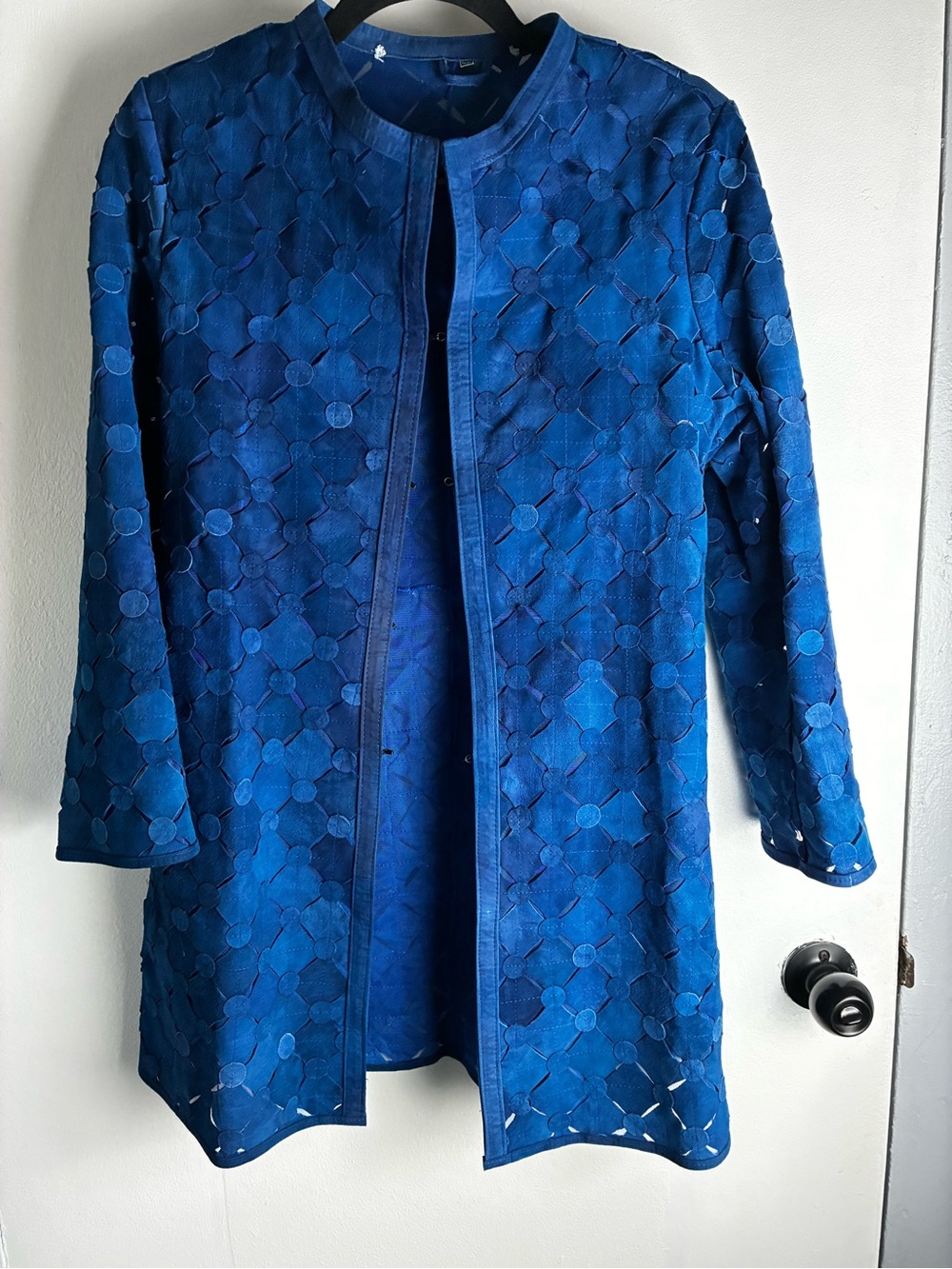 Caban Romantic Cobalt Blue Floral Cutout Open-Front Trench Coat